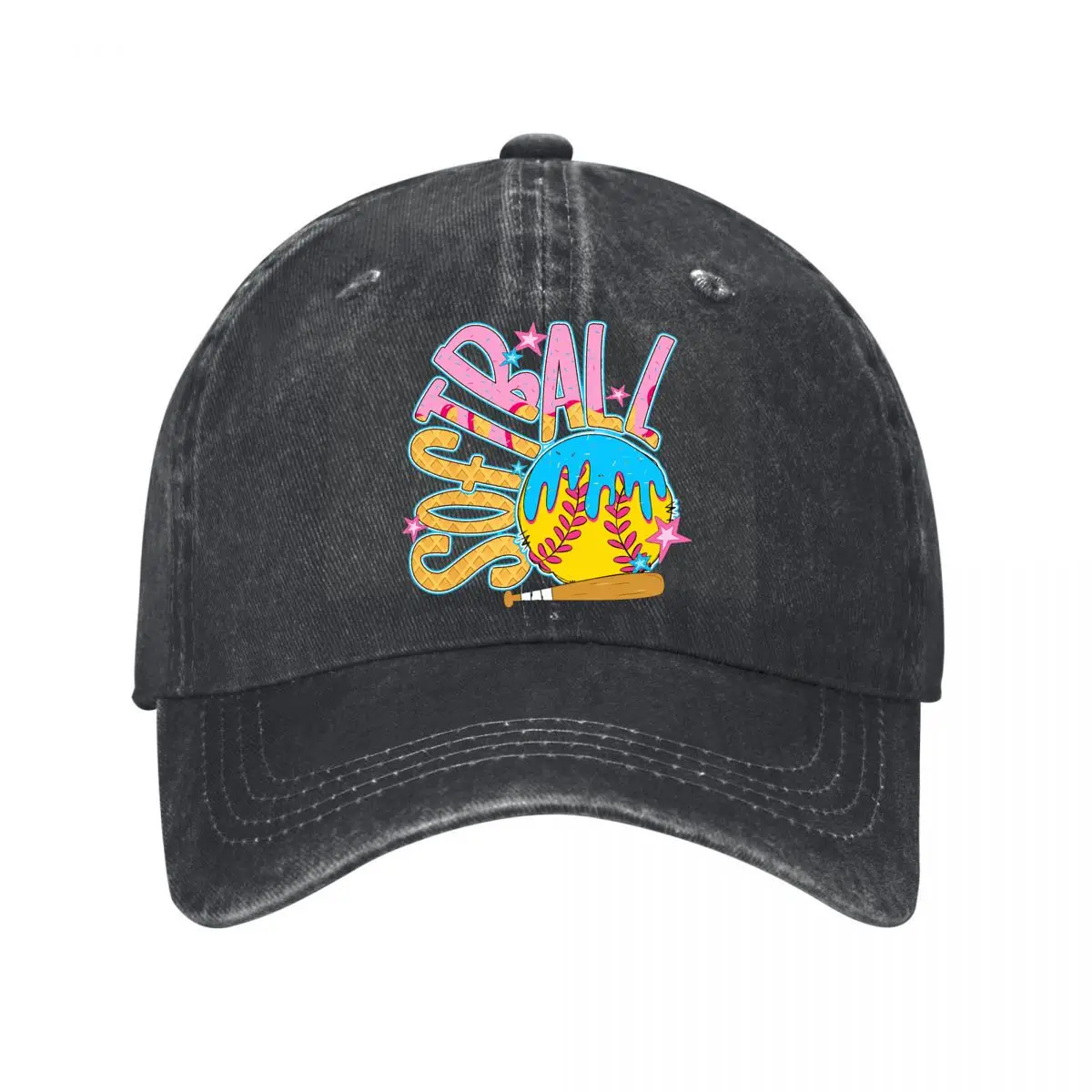 Фото Бейсболка унисекс для женщин в стиле Softball Drip Ice Cream Style Ball Bat Stars, с эффектом потертости, для активного отдыха №1