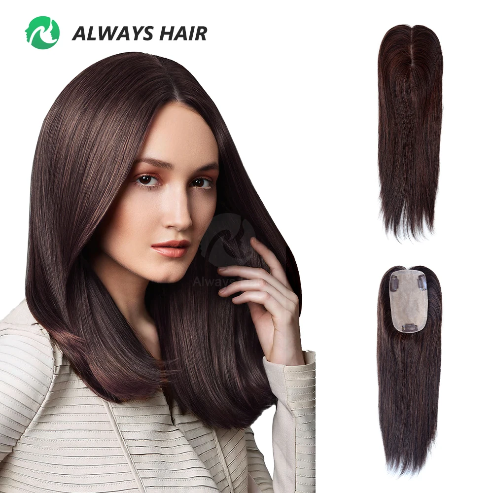 Hand Tied Silk Base Hair Topper Natural Straight Chinese Cuticle Remy Human Hair Toupee for Women 3 or 4 Clip in Hairpieces