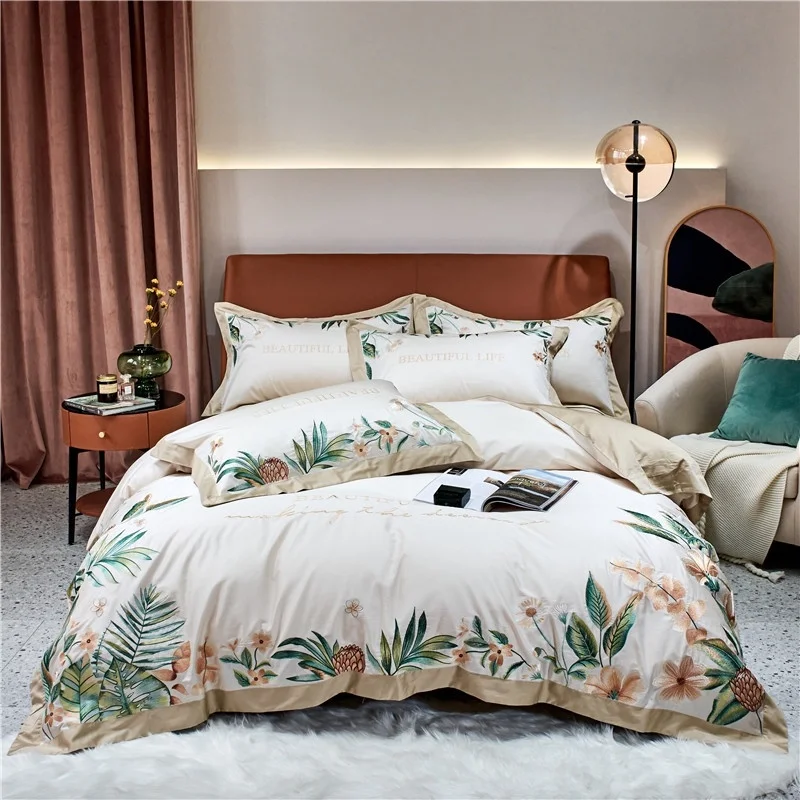 

Luxury 1000TC Egyptian Cotton Tropical Plant Flowers Embroidery Bedding Double Duvet Cover Set Bed Fitted Sheet Pillowcases