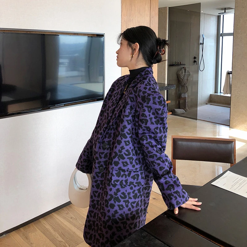 Женский свободный шерстяной пиджак Фиолетовый с леопардовым принтом верхняя