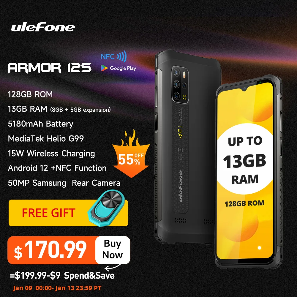  Ulefone Armor 12S Rugged Smartphone Helio G99 4G Mobile Phones Android 12 NFC 50MP 5180mAh 8GB+128GB Waterproof global version 