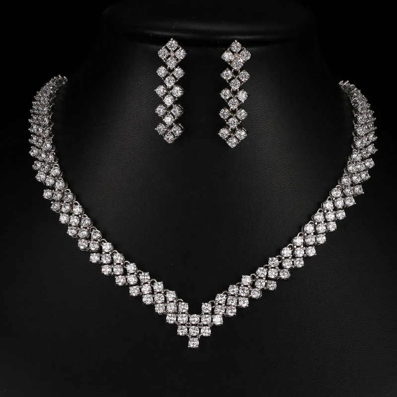 

AMC Luxury Brilliant Geometric Necklace and Earring Set Zircon Bridal Wedding Party Dinner Accessories Jewelry Gifts For Women