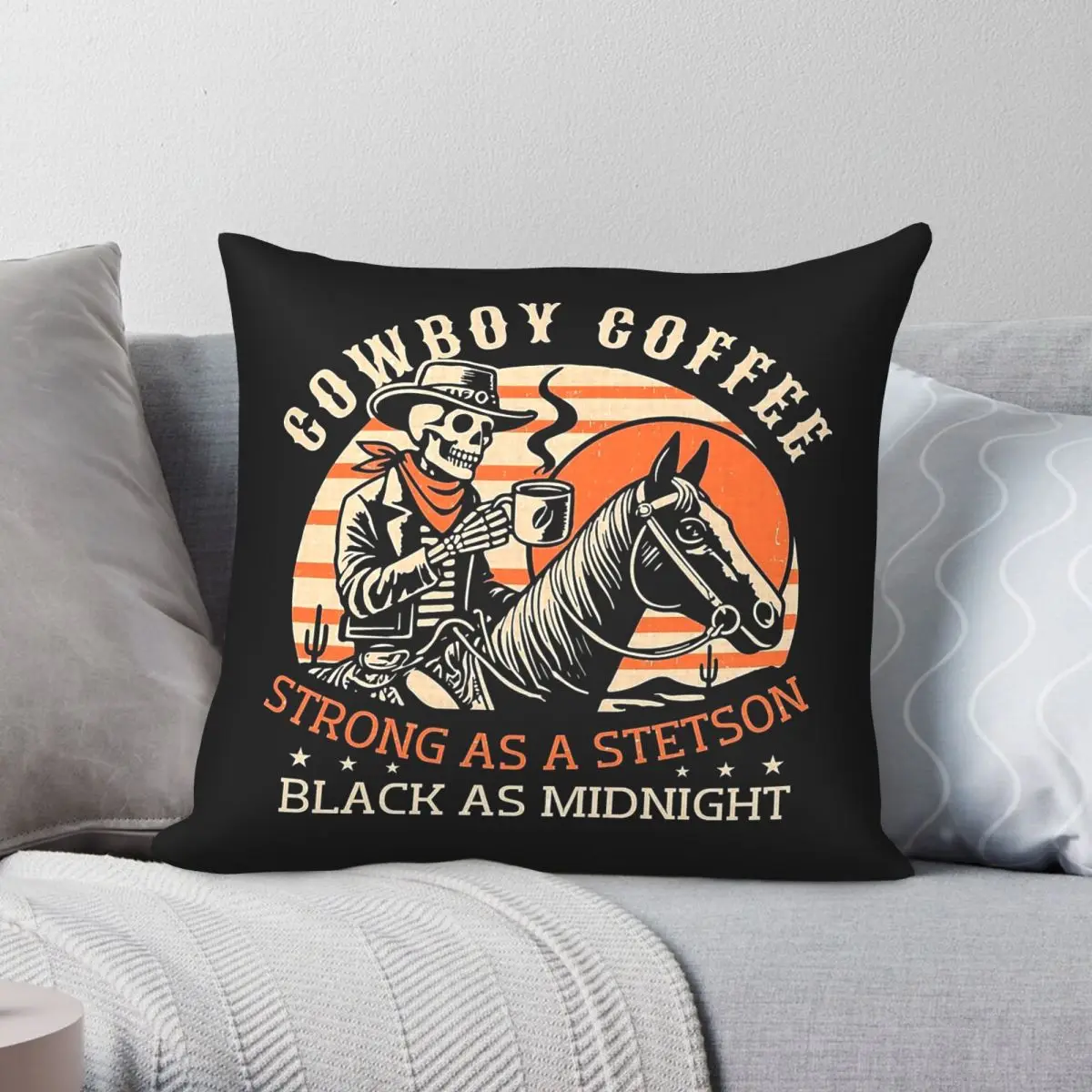 Фото Наволочка для подушки Cowboy Coffee Stronger As Stetson Square, полиэстер, лен, бархат, с узором, на молнии, декоративная, для автомобиля, оптом №1