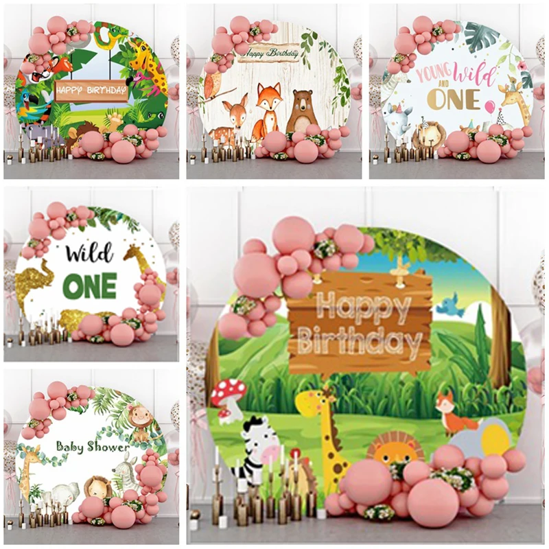 

Cartoon Animals Round Backdrop Birthday Woodland Background Wall Dec Safari Happy Kids One 1st Bithday Parti Jungle Baby Shower