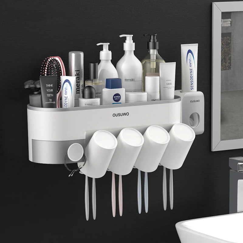 

Bathroom Accessories Sets Magnetic Toothbrush Holder With Cup Toothpaste Dispenser Toiletries Storage Rack Toothpaste Squeezer