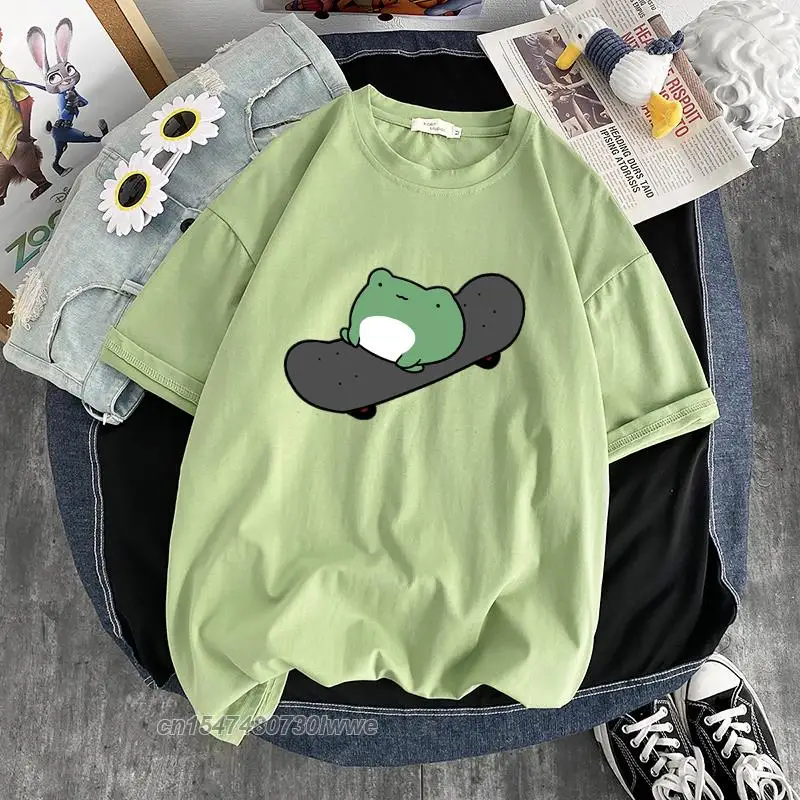 

Skateboard Frog Dinosaur Cute Graphic Tee Men/Women Tshirt Green Aesthetic Oversized T Shirt Harajuku 100% Cotton Tops