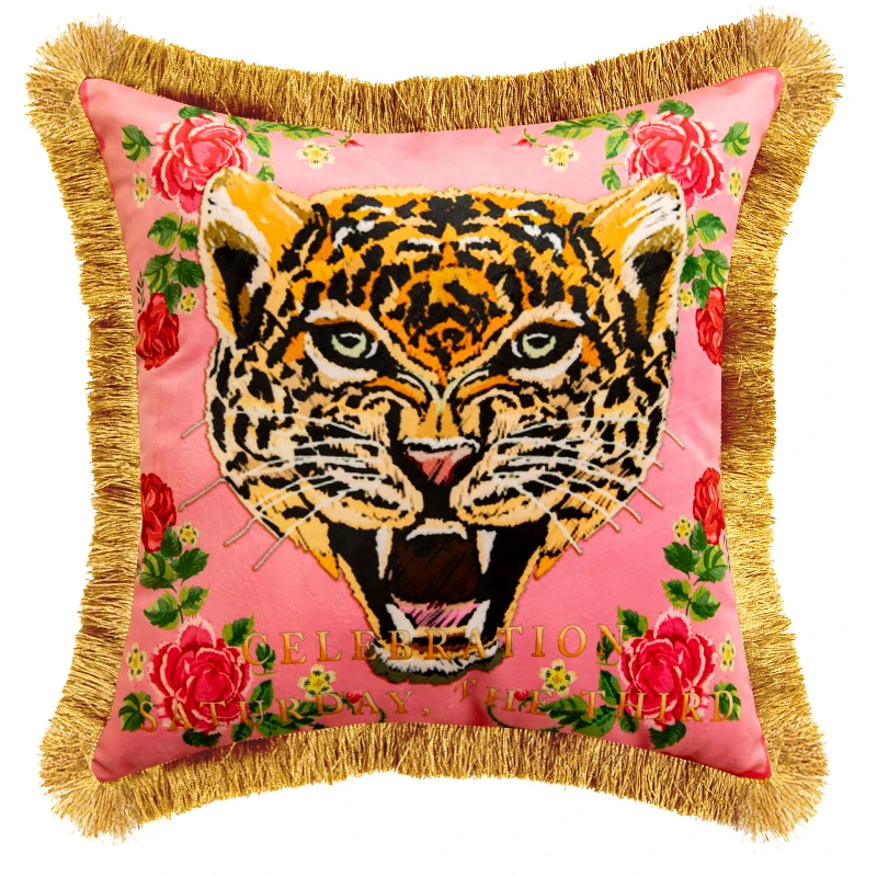 

American New Year pink tiger pillowcase pillowcase pillowcase double-sided velvet tassel living room sofa throw pillow