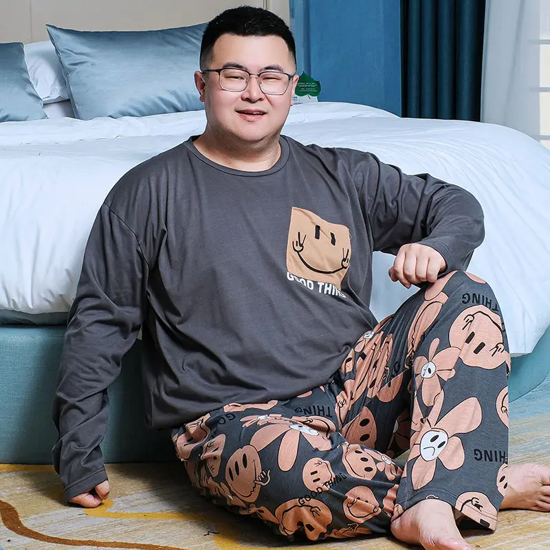 Age season fertilizer plus-size men printed cotton pajamas long-sleeved pants fat loose fat and leisurewear suit