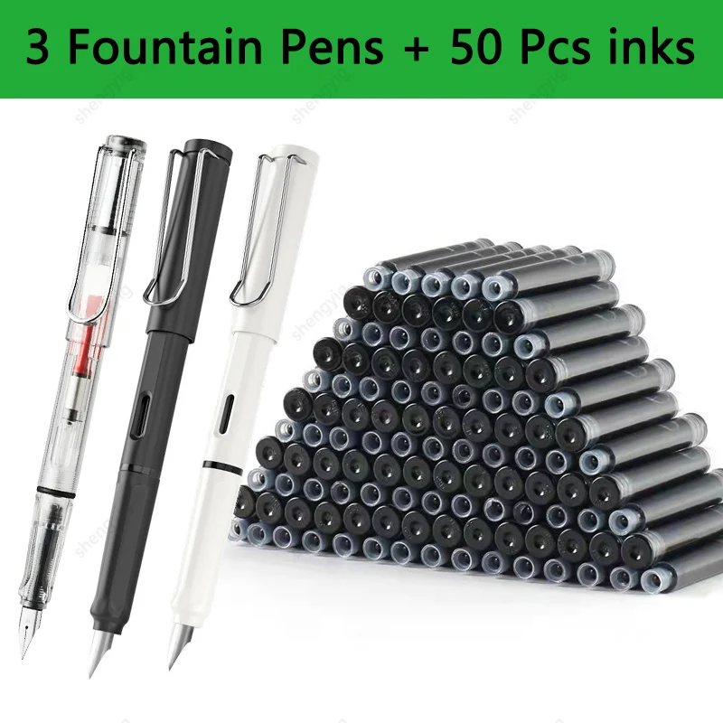 

53 Pcs Kawaii Fountain Pen Replaceable Ink Set Black/Blue/Red ink EF 0.38mm School Pens Office Supplies Stationery for Writing
