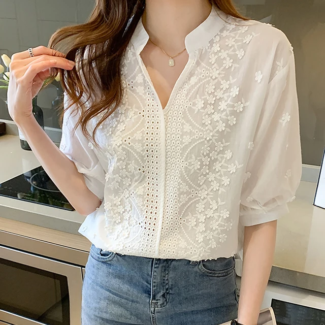 Blusa de manga curta feminina com decote em v roupas femininas moda verão topos 2022 bordado algodão branco camisas blusas 14204 4