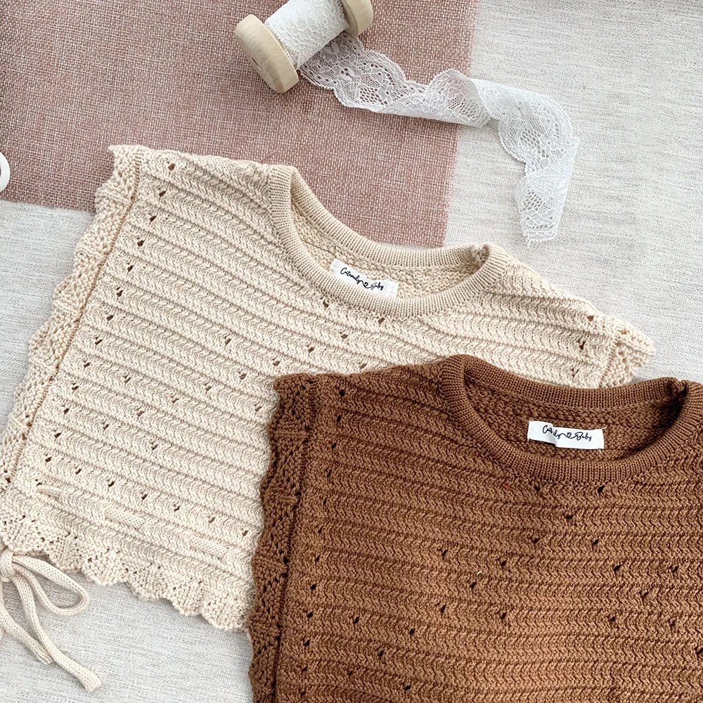 New Children's Knitting Vest Hollow Out Sweater Waistcoat Girls Round Neck Bow Princess Warm Children's Vest Baby Sweater Tops