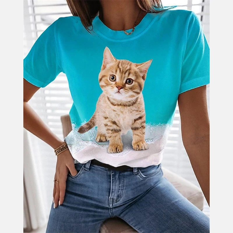 

Fashion Women T-Shirts Summer Short Sleeve Oversized Clothes Cat Animal Print Graphic Print T Shirt O Neck Female Oversized Tops
