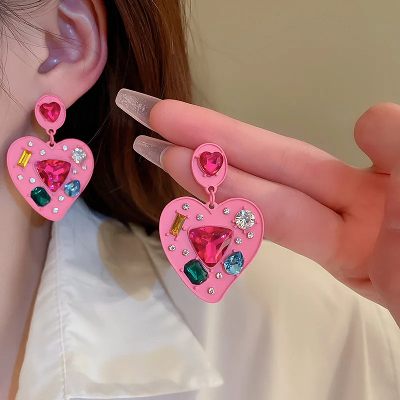 

Minar Hyperbole Sparkly Multicolor Rhinestone Love Heart Drop Earrings for Women Pink Acrylic Long Earring Statement Jewelry