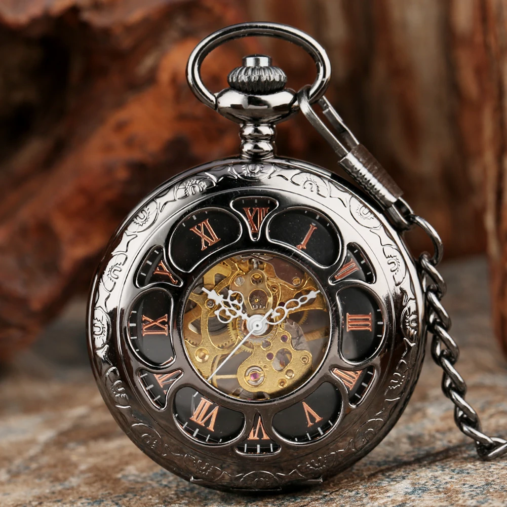 Elegant Black Skeleton Flower Manual Mechanical Pocket Watch Rose Gold Roman Numerals Dial Antique Hand Winding Vintage Clock