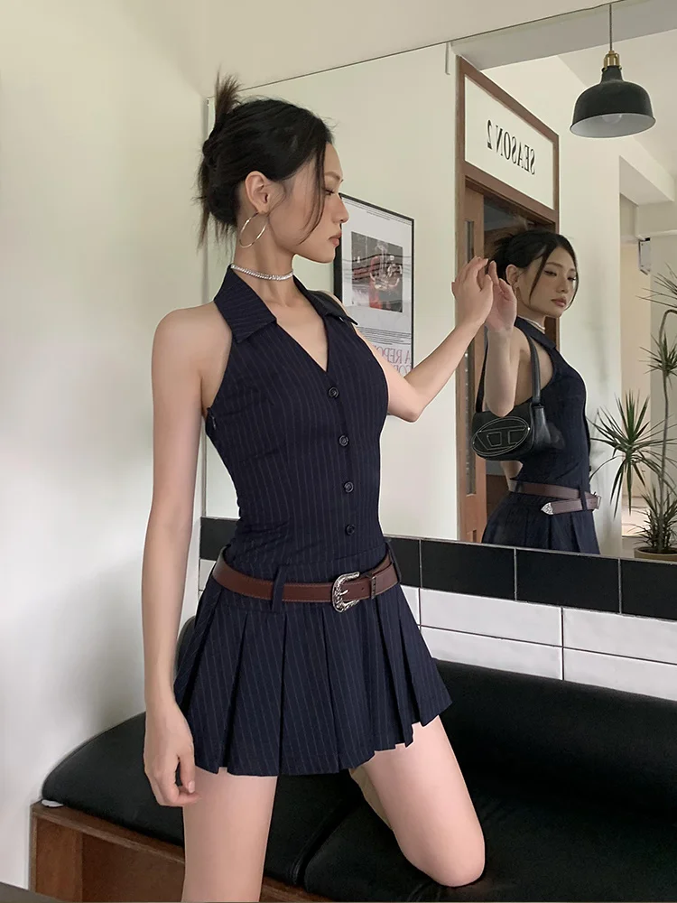 

Sexy WOMENGAGA Slim American Backless V-Neck Office Lady Tight Hot Spicy A-line Dark Blue Stripe Short Dress Mini Women Tops 6AN