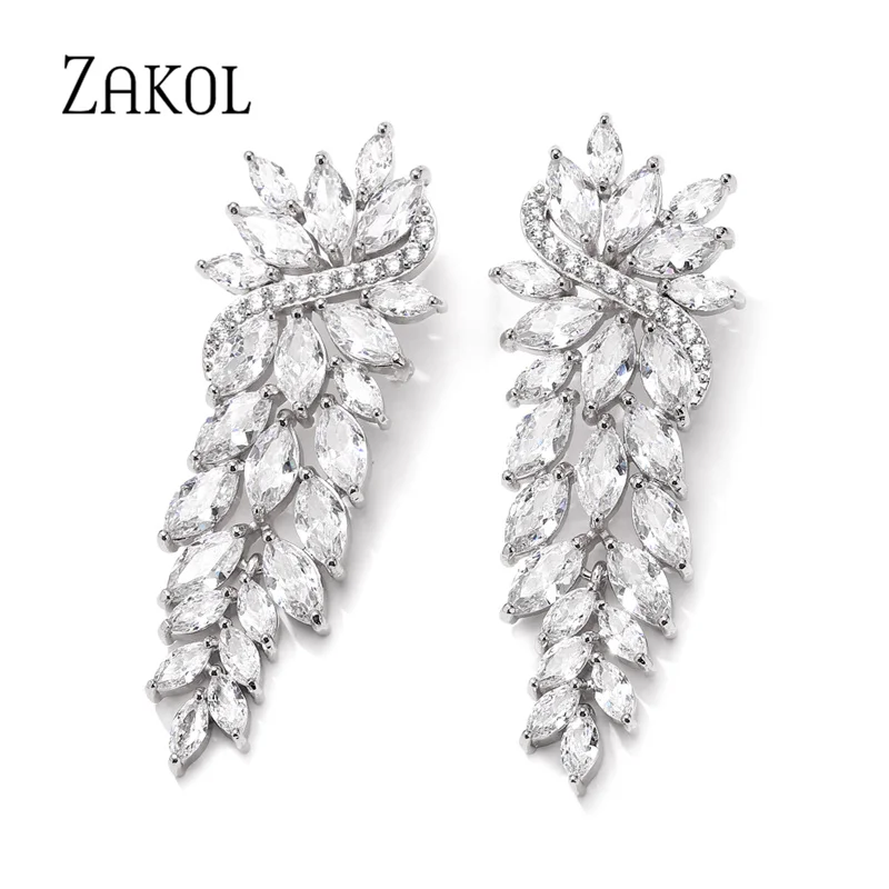 

ZAKOL New Luxury Cubic Zirconia Leaf Long Dangle Drop Earrings for Women Fashion Wedding Party Jewelry Accessories EP1072