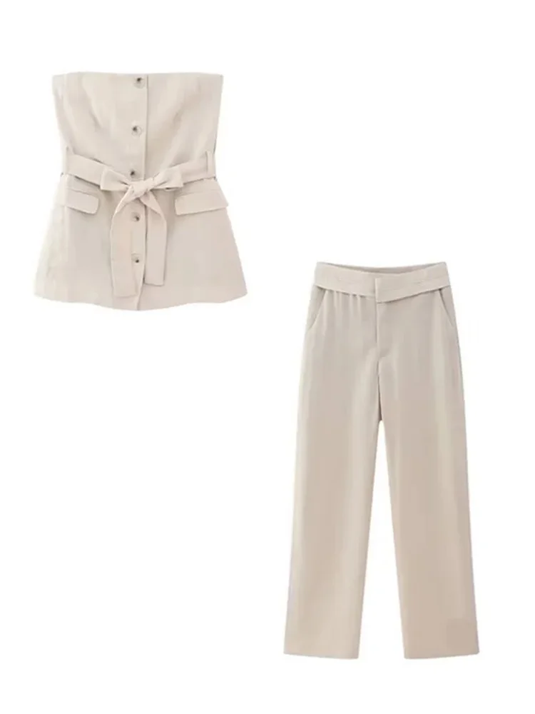 

Летний Новый женский модный верблюжий облегающий костюм-жилет без бретелек с поясом женский Базовый костюм с прямыми брюками TRAF 2023