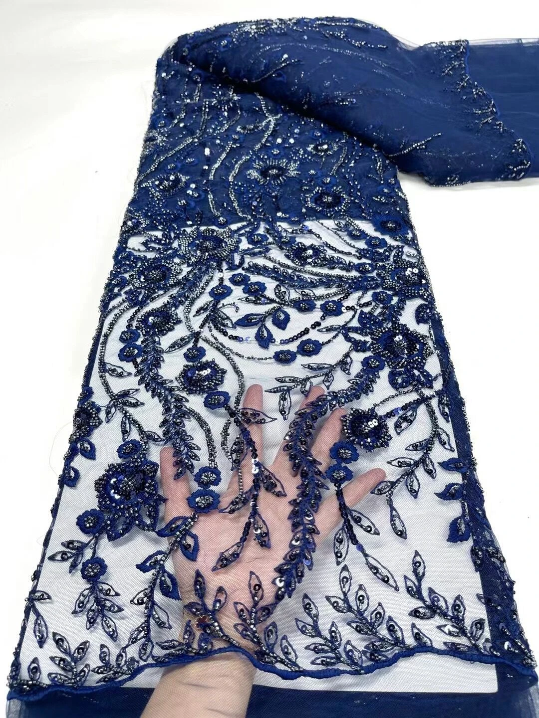 

2023 High Quality African Nigerian Tulle Lace Fabric With Sequins Embroidery Sewing Guipure Organza Prom Dresses Beads 5yards