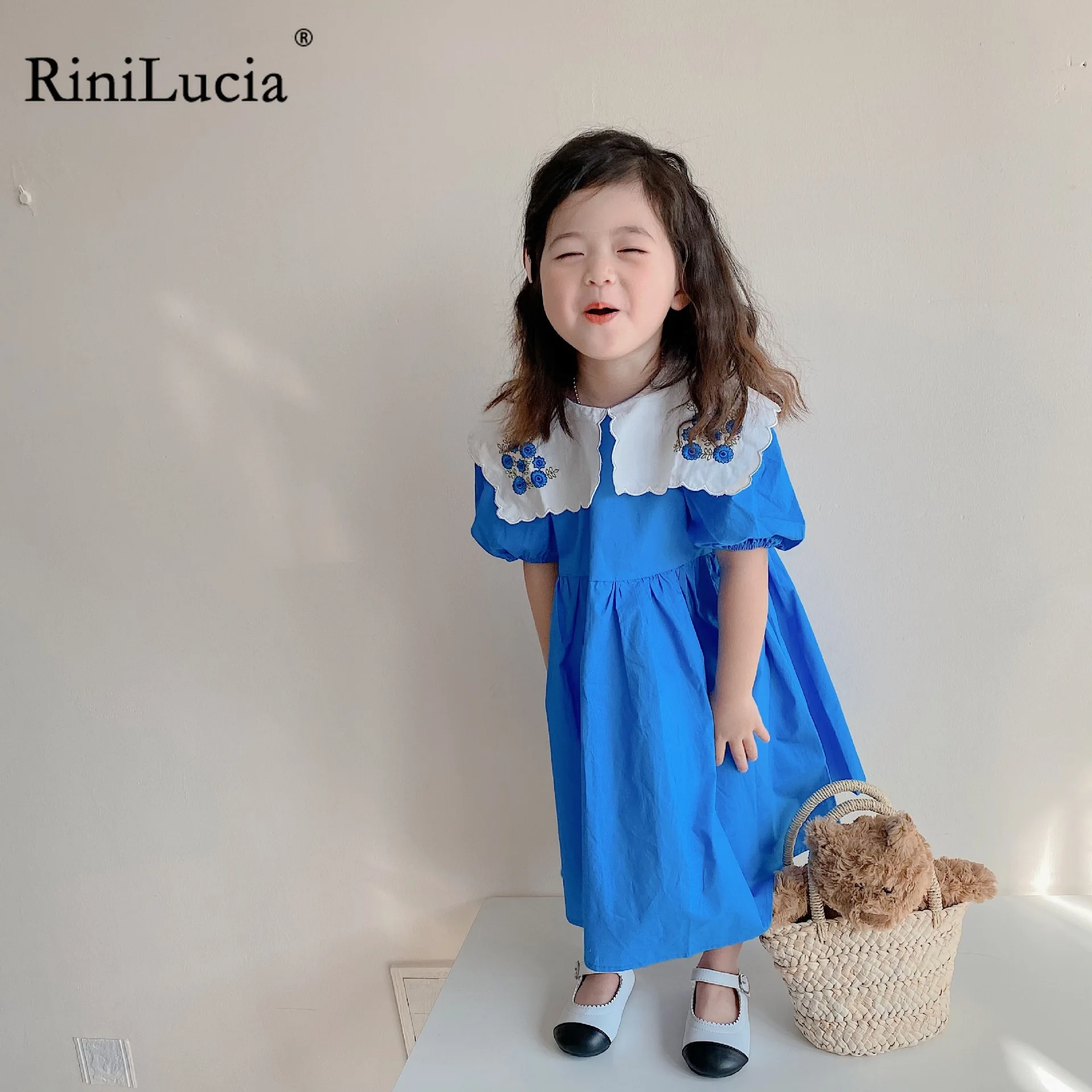 

RiniLucia Spring Toddler Girls Long Dress Cotton Blue Short Sleeve Children Dress Embroidery Kids Dresses for Girls Clothing