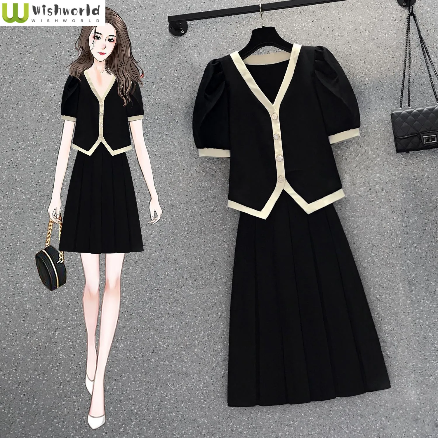 

In Spring and Summer of 2022 the Korean Version of the New Fashion V-neck Top and Casual A-shaped Half Skirt Two-piece Set