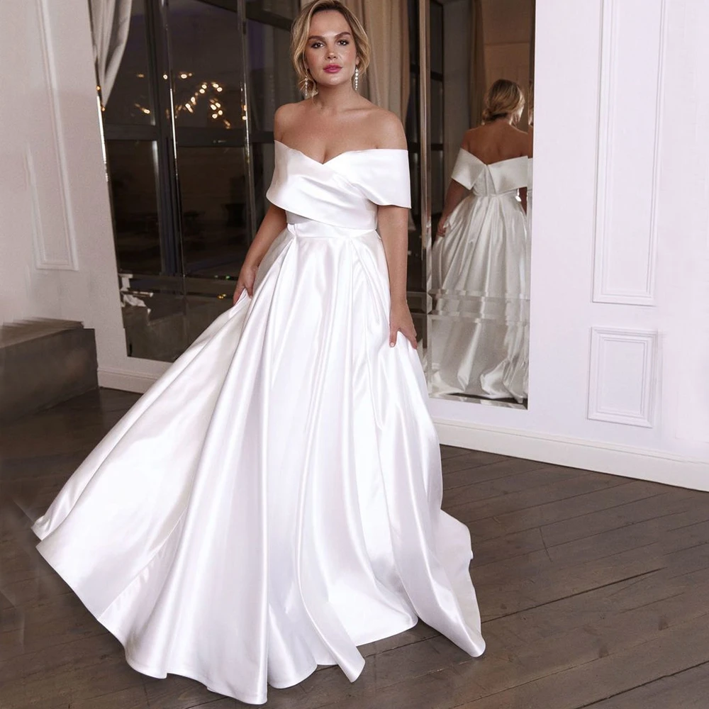

Elegant White Wedding Dress Satin Boat Neck Simple A-Line High-end Floor Length Bridal Marry Gowns for Church Formal Dresses