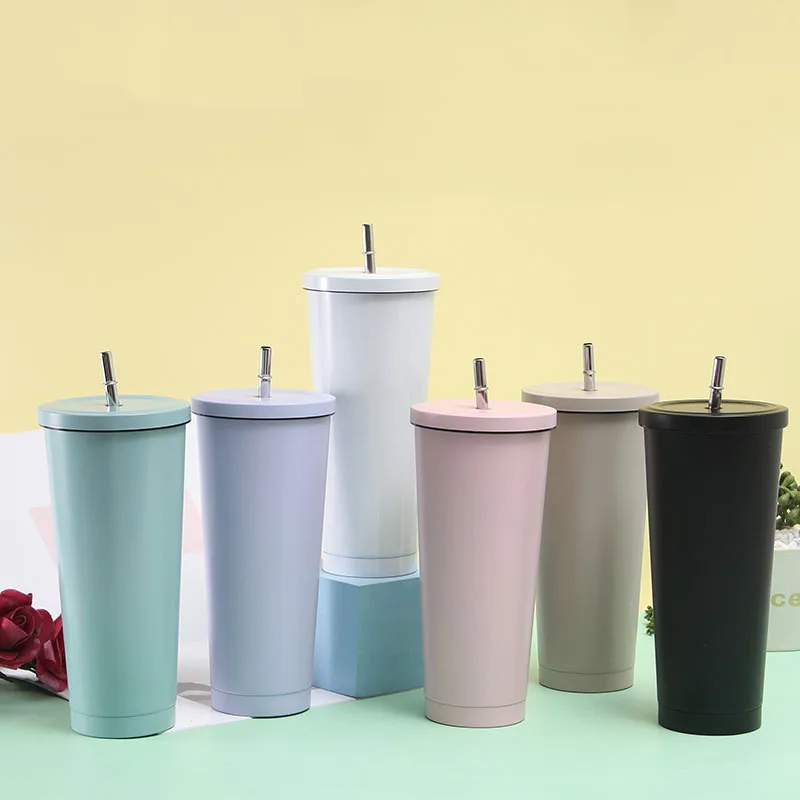 

500ML/750ML Insulated Stainless Steel Cup with Lid and Straw Household Travel Drink Cup Tea Set Vacuum Bottle Double Layer Cups
