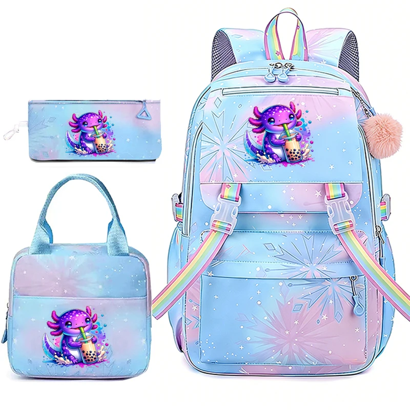 Фото Рюкзак Rainbow Axolotl Boba в стиле аниме для подростков, 3 предмета, школьный рюкзак для девочек и мальчиков с коробкой для обеда, легкий детский рюкзак, набор Mochilas, подарок №4