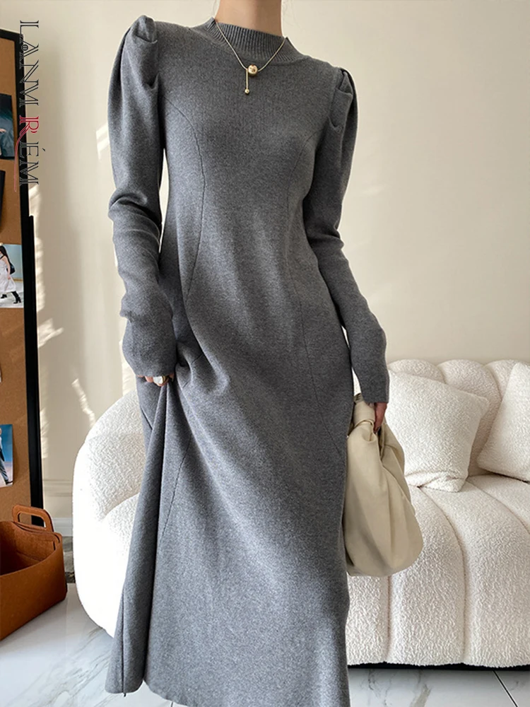 

LANMREM корейский стиль вязаное платье круглый вырез складки с длинным рукавом Свободные повседневные платья для женщин 2023 новая весенняя оде...