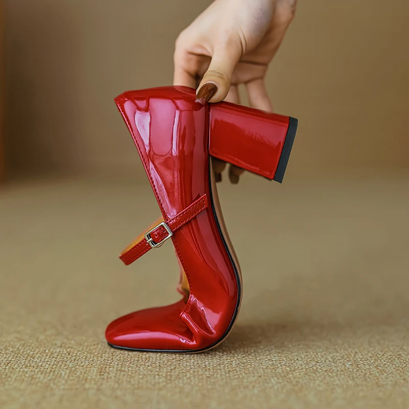 Туфли-лодочки женские из лакированной кожи Туфли Мэри Джейн на толстом каблуке с