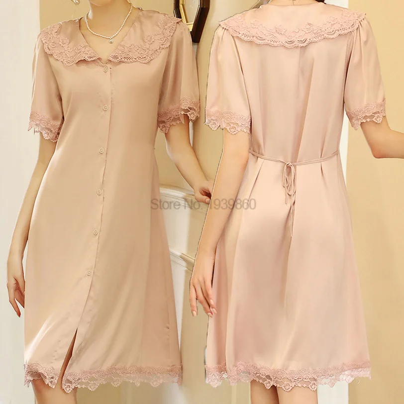 

Sexy Button-down Nightdress With Belt Lace Lapel Sleep Shhirt Female Satin Kimono Dressing Gown Summer Loose Sleepwear Lingerie