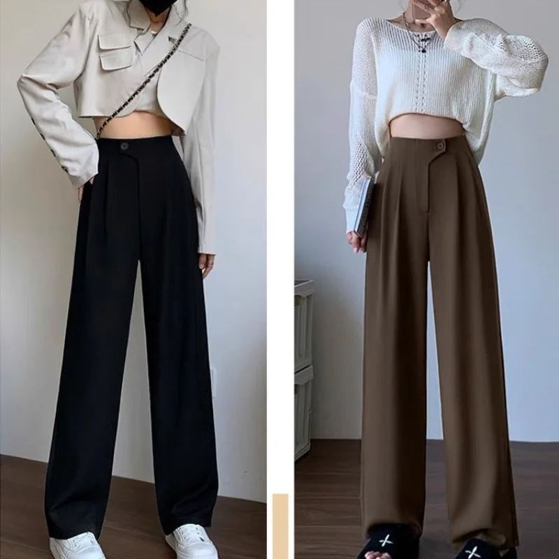 

Brown Wide Leg Classic Suit Pants Vintage Palazzo Office Elegant Casual Black Trousers Female High Wasit Pants for Women Q255