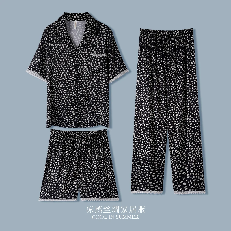 

2023 New Summer Women's Black Silk Pajamas Set Top+Long Pants+shorts 3 Pieces Home Suit Soft Stain Sleepwear Homewear Pyjamas