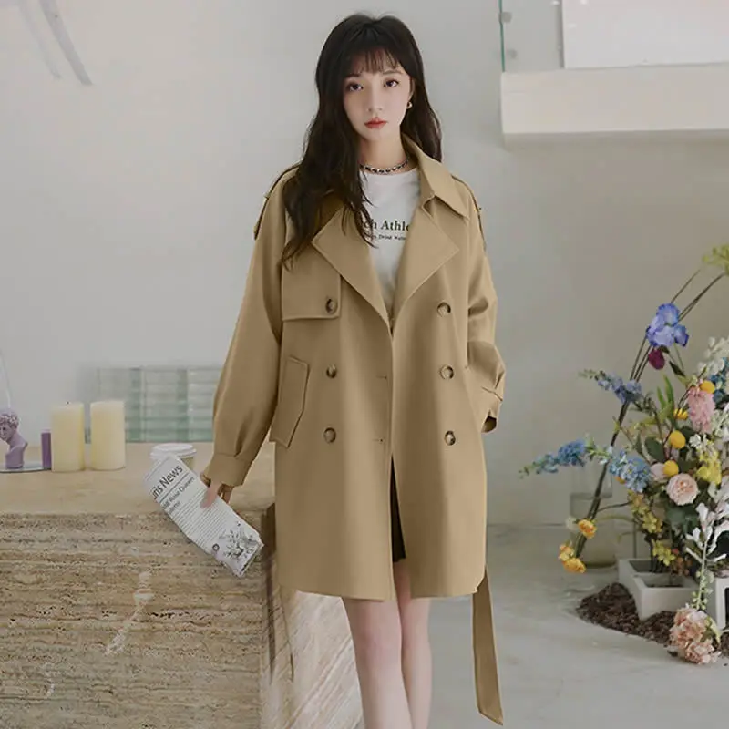 Cortavientos de estilo coreano para mujer, cinturón largo de doble botonadura, abrigo de primavera y otoño para oficina
