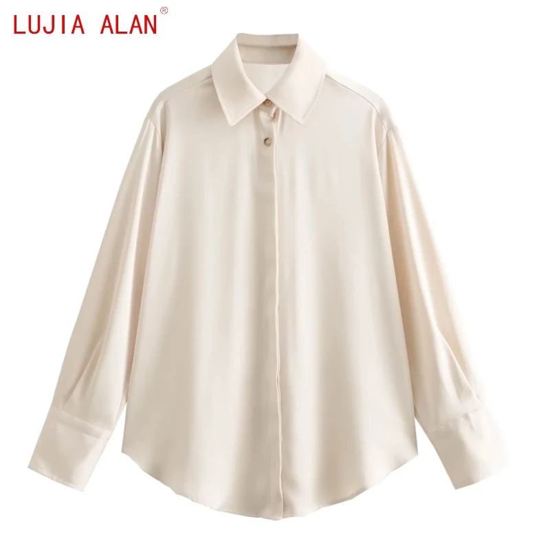 

Autumn New Women Solid Satin Basic Shirt Office Female Long Sleeve Blouse Casual Loose Tops LUJIA ALAN B2668