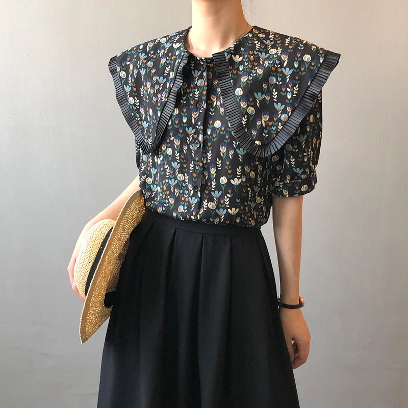 

Summer Button Up Shirt Elegant Sweet Print Florals Peter Pan Collar Casual Shirts Women Half Sleeve Blouses Girl Tops Vintage