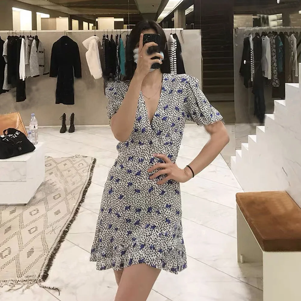 

V-neck Bubble Sleeve Print Dress 2022 Summer New Temperament Commuter Sexy Slim Slim Thin Ruffle Female Dress Free Shipping
