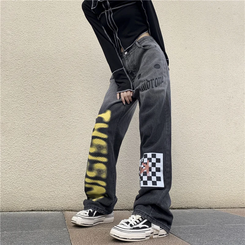 Men Jeans Ins Retro Gradient Black and White Plaid Letter Printing Casual Loose Jeans Men and Women Pants Y2k Pants Ins Hot Sale