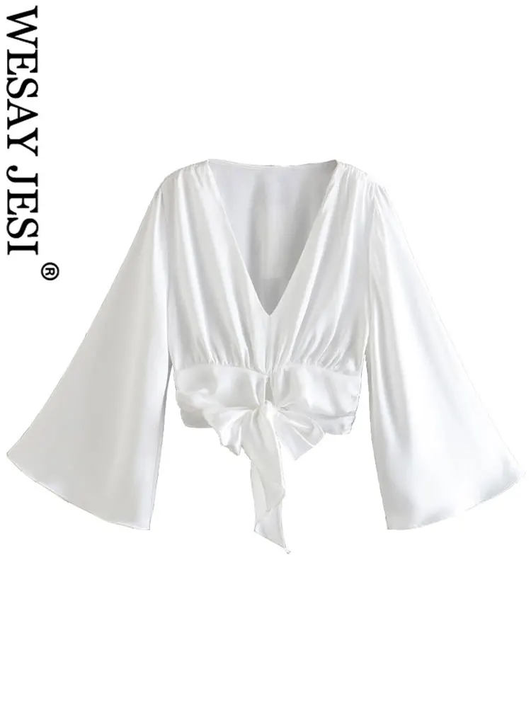 

WESAY JESI легкая шифоновая женская рубашка с длинным рукавом Модная чисто белая Элегантная короткая блузка с бантом на талии и боковой молнией