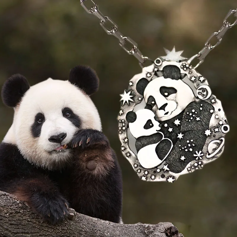 

Panda Mother and Child Necklace Inlaid Star Pendant Birthday Anniversary Gift for Mother Woman Exquisite Ladies Banquet Jewelry