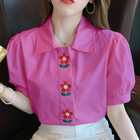 fashion lapel embroidery floral oversized puff sleeve button shirt summer casual tops sweet female clothing loose commute blouse