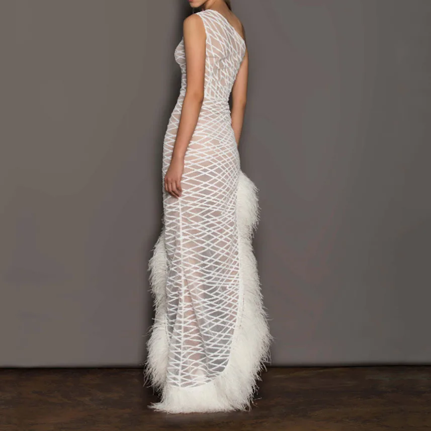 White Women Mesh Off-Shoulder Feather Long Dress 2023 Sexy Irregular Bodycon Split Maxi Dress Lady Elegant Party Evening Dress