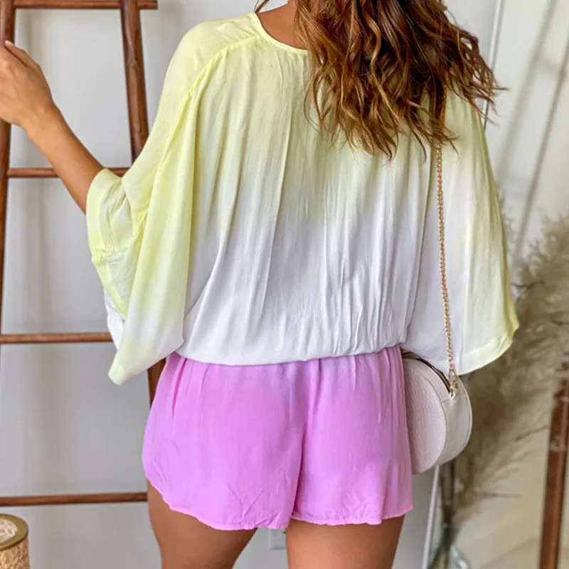 2023 New Women Playsuit Gradient Color Batwing Sleeve V-neck Drawstring Pockets Loose Straight Playsuits Summer Outfit Female