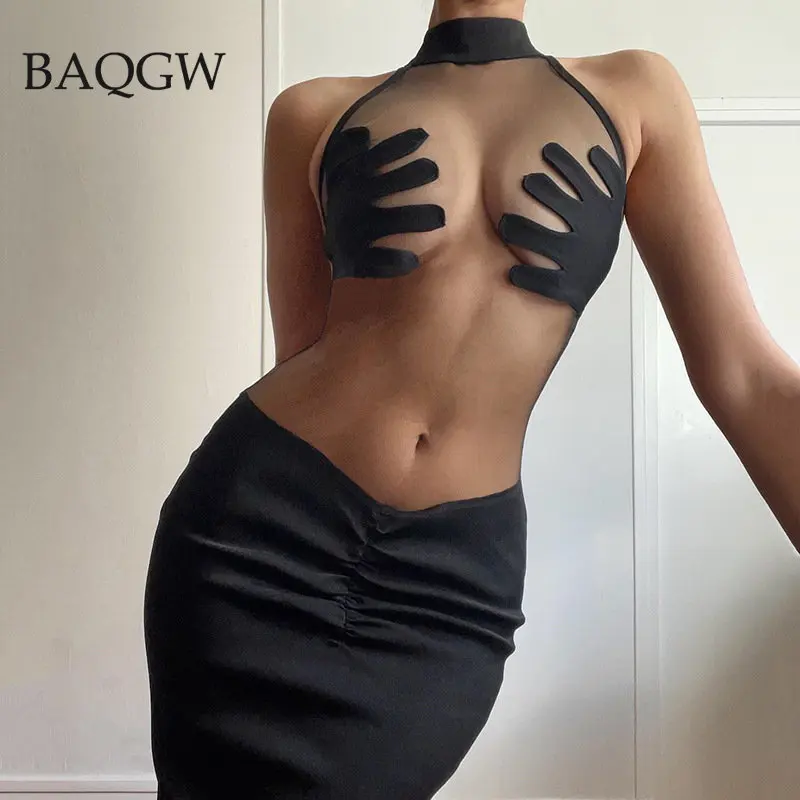 

Летнее Сетчатое прозрачное сексуальное платье для женщин, модное облегающее мини-платье с лямкой на шее, открытыми плечами и без рукавов, эл...