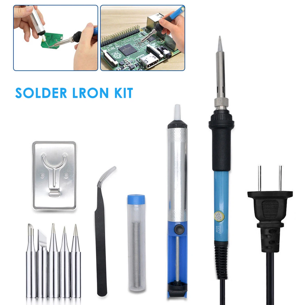 

10Pcs/Set 220V 60W Soldering Iron Kit Adjustable Temperature Welding Toolwith 5pcs Different Tips 10Pcs/Set 220V 60W Soldering