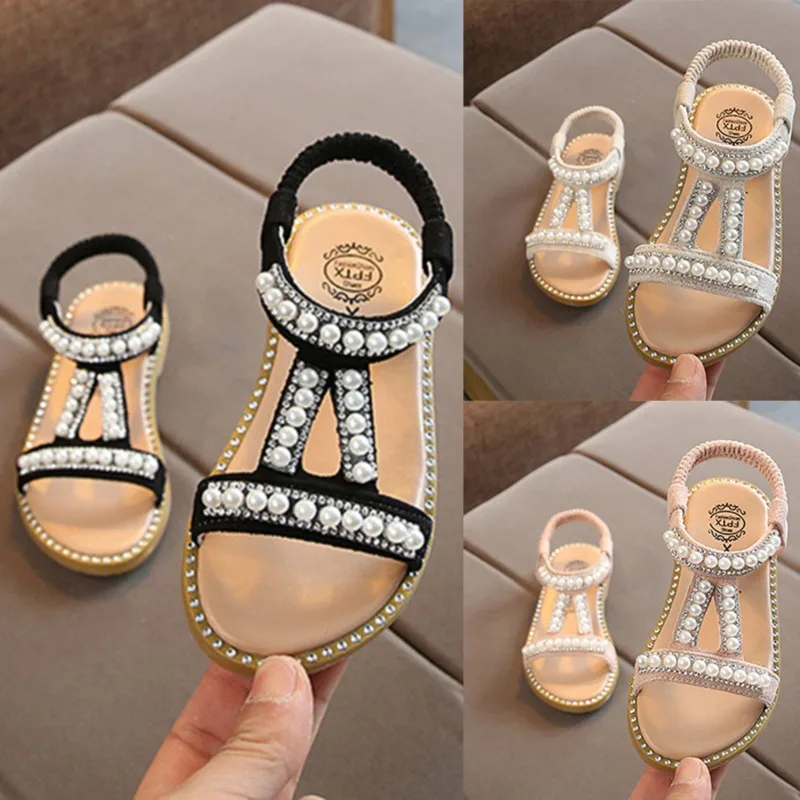

Baby Girls Sandals Children Roman Shoes 2022 Summer Pearl Flash Diamond Party Princess Shoes Flats Girl Kids Casual Beach Sandal