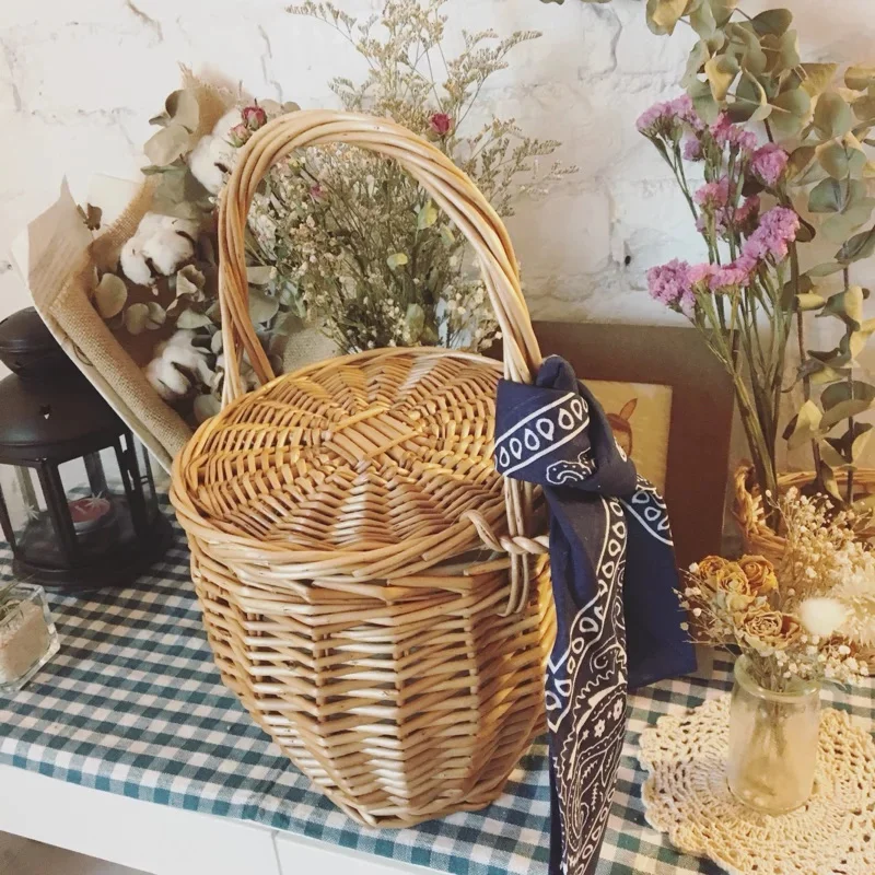 

Basket Picnic Beach Gift Flower Bamboo Bag Wicker Picking Basket Straw Portable Rattan Basket Creative Handbag