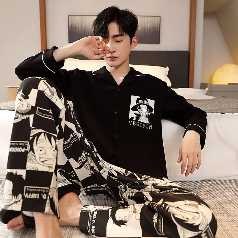 Spring Men Cotton Pajamas 2 Pieces Homewear Cartoon Anime Japan Pijama Nightwear Long Sleeves Black Sleepwear for Young Students