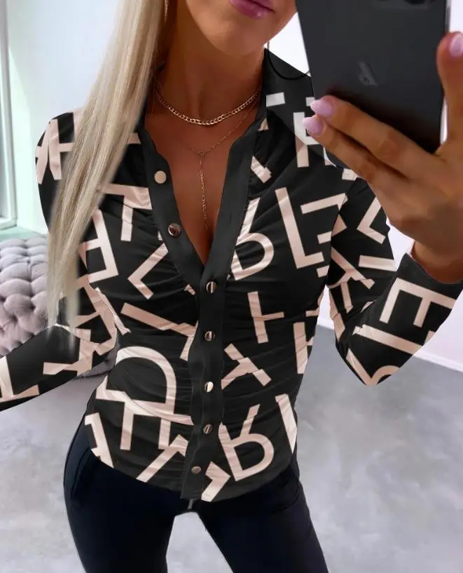 

Top Women 2023 Autumn/winter Female Clothing Fashion Shirts Long Sleeve Pullover Tops Letter Print Ruched Buttoned Casual Top