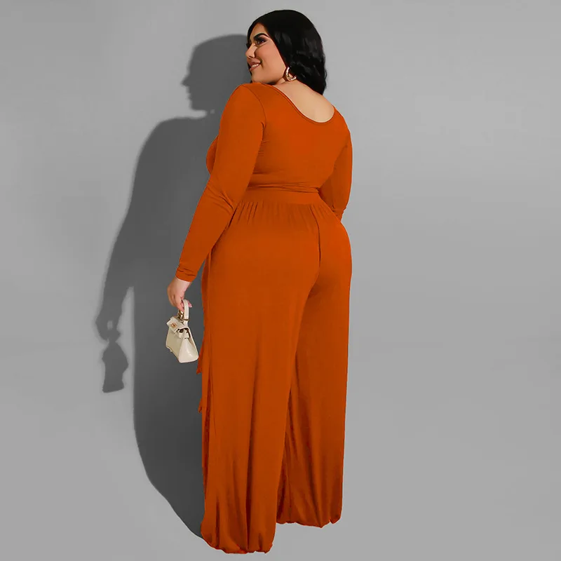 Plus Size Sets Solid Long Sleeve Plus Size Women Clothing Two Piece Set for Women Plus Size Matching Sets O-Neck Elastic Waist