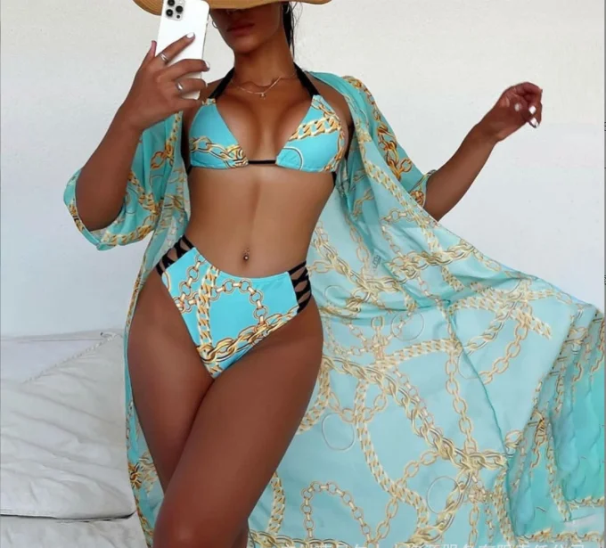 

2022 Hot Style Tie Dye Summer Swimsuits Women 3 Piece Set Long Sleeve Loose Top + Bra Tunic + Panties Sexy Track Suits